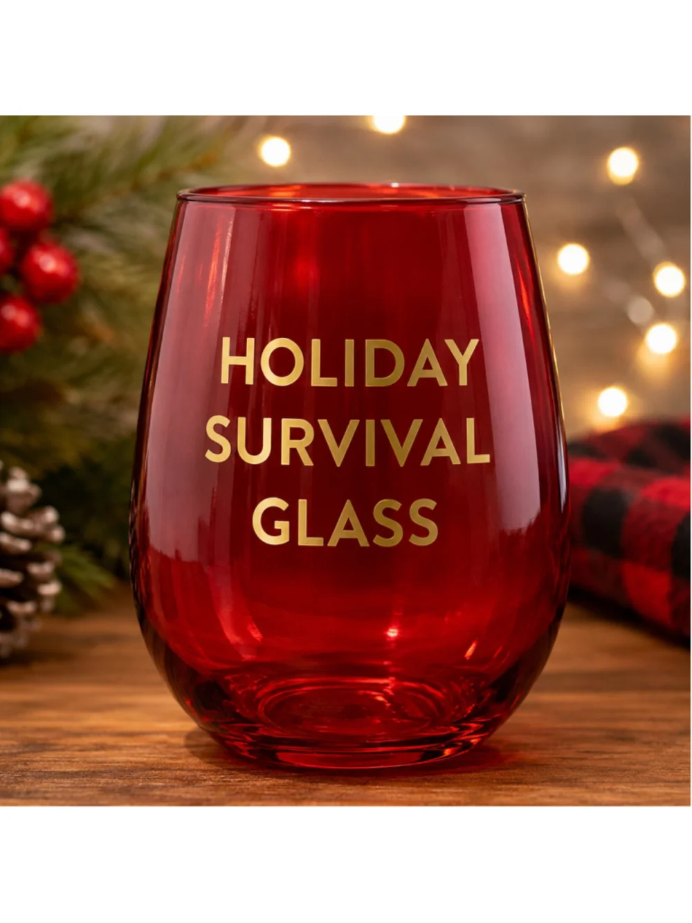 Holiday Survival Glass Red 20 oz Stemless Wine Glass Gold Foil Christmas